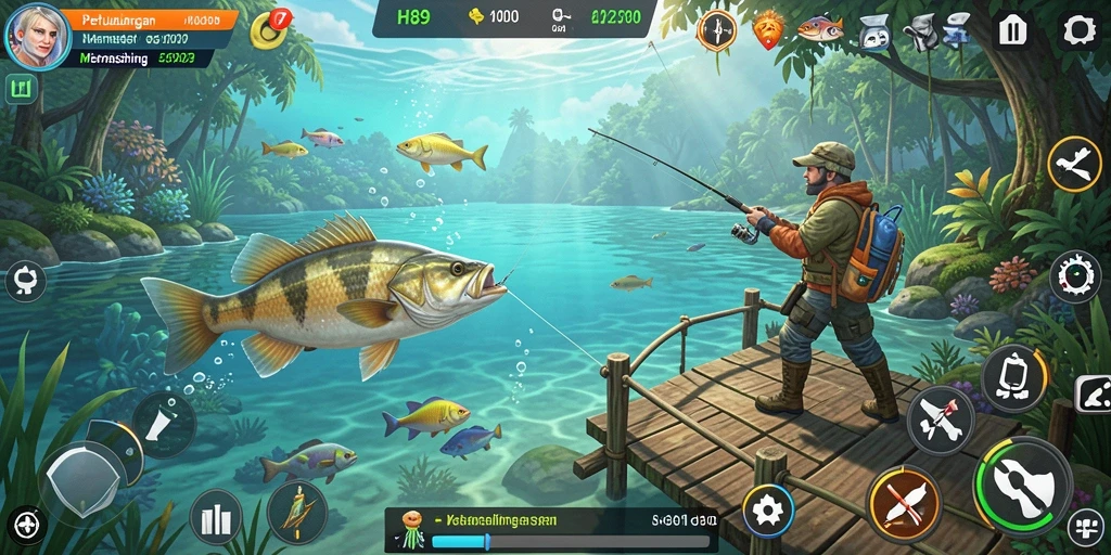Tampilan gameplay menarik dalam H89 saat memancing di danau.