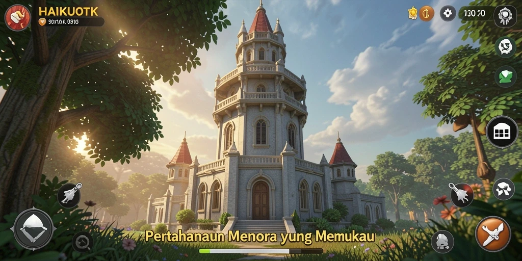 Screenshot gameplay HAIKUOTK menampilkan menara yang siap melawan gelombang musuh.
