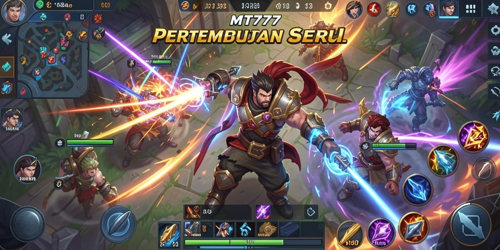 Tangkapan layar gameplay MT777 yang menampilkan pertempuran MOBA yang epik.
