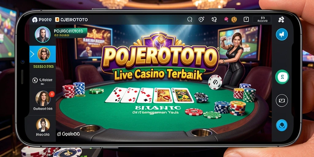 Screenshot gameplay POJEROTOTO menampilkan dealer langsung dan suasana kasino yang menyenangkan.