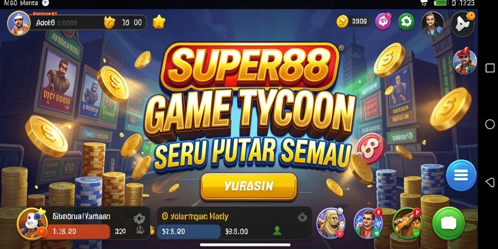 Tangkapan layar <strong>SUPER88</strong> menampilkan gameplay membangun kerajaan bisnis.